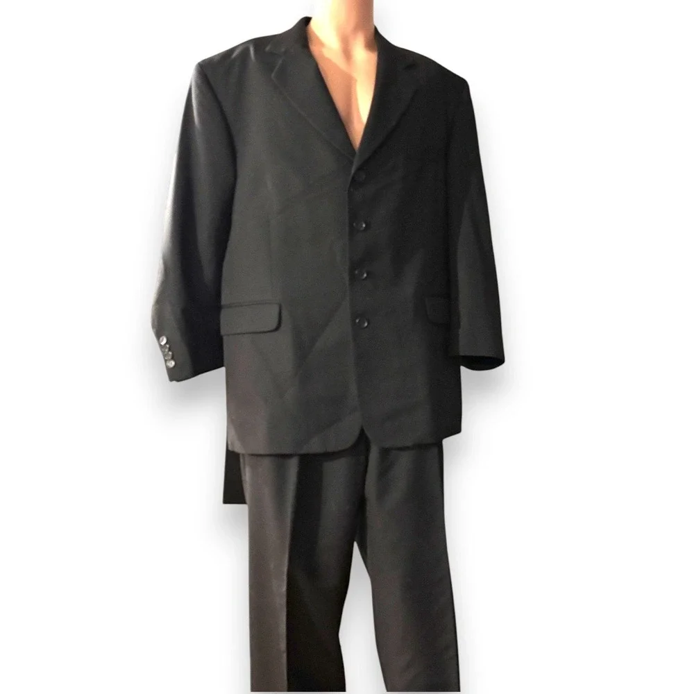 Mens Black Wool Blend 4 Button Suit‎ Blazer Pleated Pants Set 46/40 S